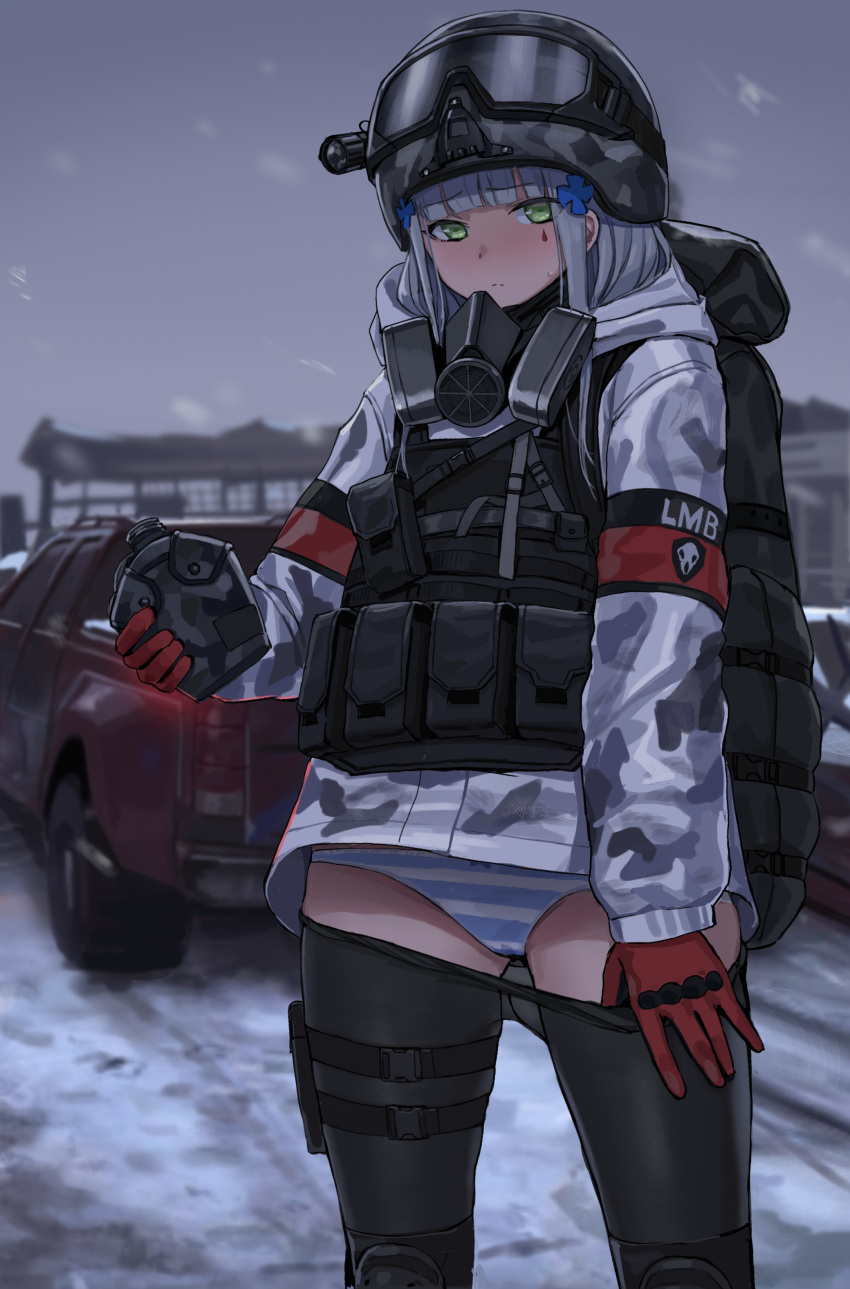 1girl absurdres backpack bag black_pantyhose blunt_bangs blush camouflage camouflage_jacket canteen car clothes_pull commentary_request facial_mark girls'_frontline gloves goggles goggles_on_headwear green_eyes grey_hair hair_ornament helmet highres hk416_(fang)_(girls'_frontline) hk416_(girls'_frontline) holding holding_canteen jacket kuro_(zhurunbo1997) last_man_battalion long_hair long_sleeves looking_at_viewer military military_uniform motor_vehicle outdoors panties pantyhose pantyhose_pull pickup_truck pulled_by_self red_gloves respirator snow snowing striped_clothes striped_panties sweat teardrop thigh_strap tom_clancy's_the_division truck underwear uniform vest winter_uniform