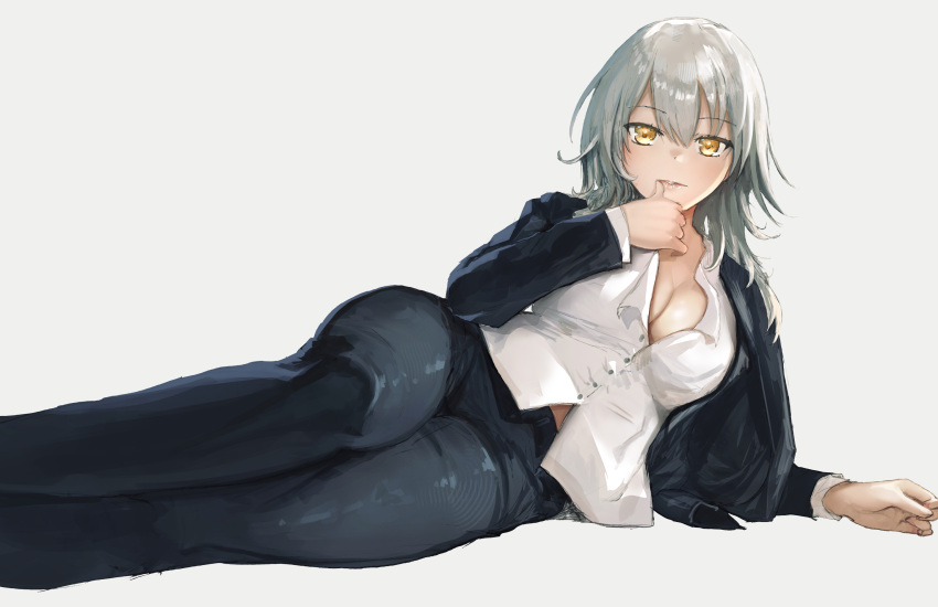 1girl advarcher black_jacket black_pants breasts cleavage commentary_request finger_to_mouth grey_hair highres honkai:_star_rail honkai_(series) jacket large_breasts lips looking_at_viewer lying medium_hair midriff_peek on_side open_clothes open_jacket pants shirt simple_background solo stelle_(honkai:_star_rail) trailblazer_(honkai:_star_rail) white_background white_shirt yellow_eyes