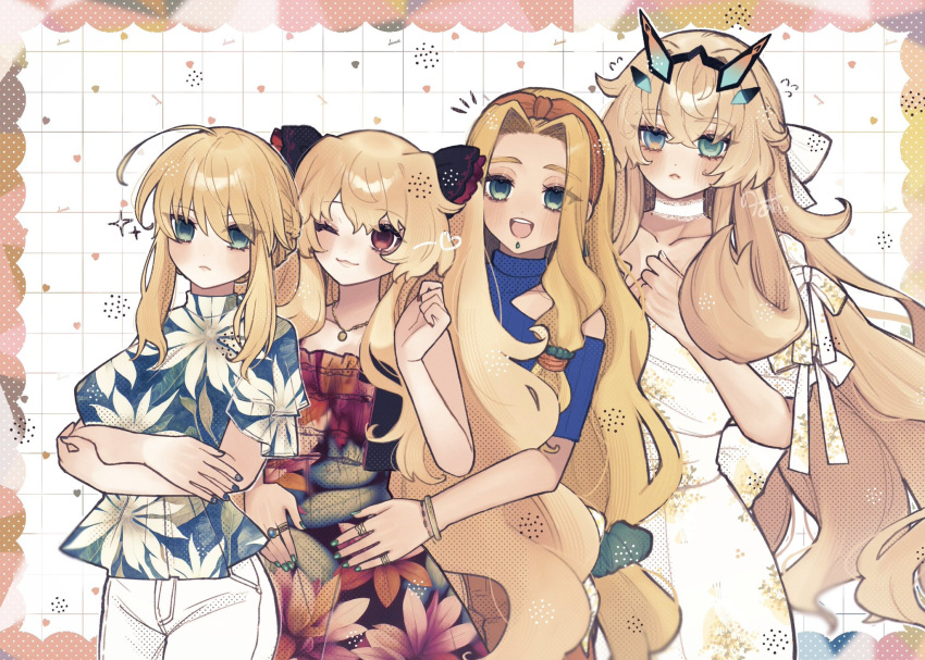 ahoge anne_bonny_(fate) artoria_pendragon_(fate) artoria_pendragon_(lancer)_(fate) barghest_(fate) blonde_hair breasts chin_piercing dress fate/grand_order fate_(series) floral_print green_eyes highres large_breasts long_hair looking_at_viewer multicolored_eyes multiple_girls noa_pisces quetzalcoatl_(fate) red_eyes smile white_background white_dress