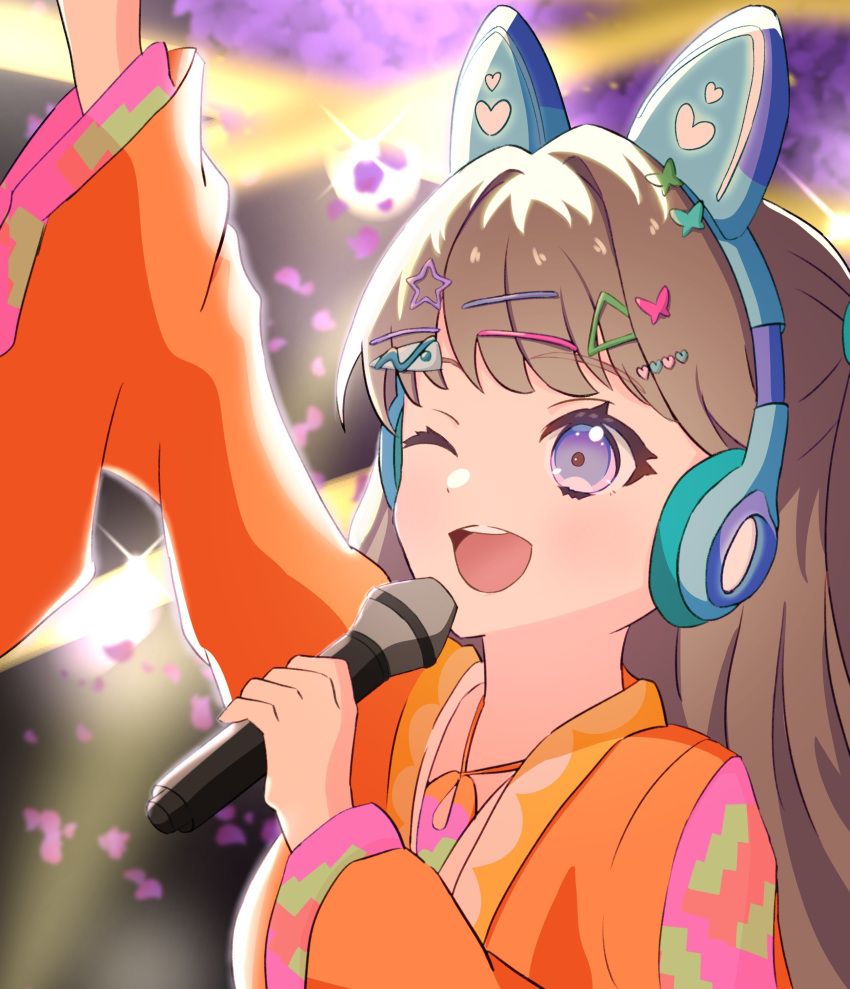 1girl ;d absurdres animal_ear_headphones animal_ears arm_up blue_headphones blurry blurry_background brown_hair cat_ear_headphones commentary fake_animal_ears falling_petals flower fujishima_megumi hair_ornament hairclip headphones hi_(rurimeg) highres holding holding_microphone identity_(love_live!) japanese_clothes jewelry kimono link!_like!_love_live! long_hair long_sleeves love_live! microphone necklace one_eye_closed orange_kimono petals purple_eyes purple_flower purple_petals smile solo star_(symbol) star_hair_ornament teeth triangle_hair_ornament two_side_up upper_body upper_teeth_only virtual_youtuber wide_sleeves