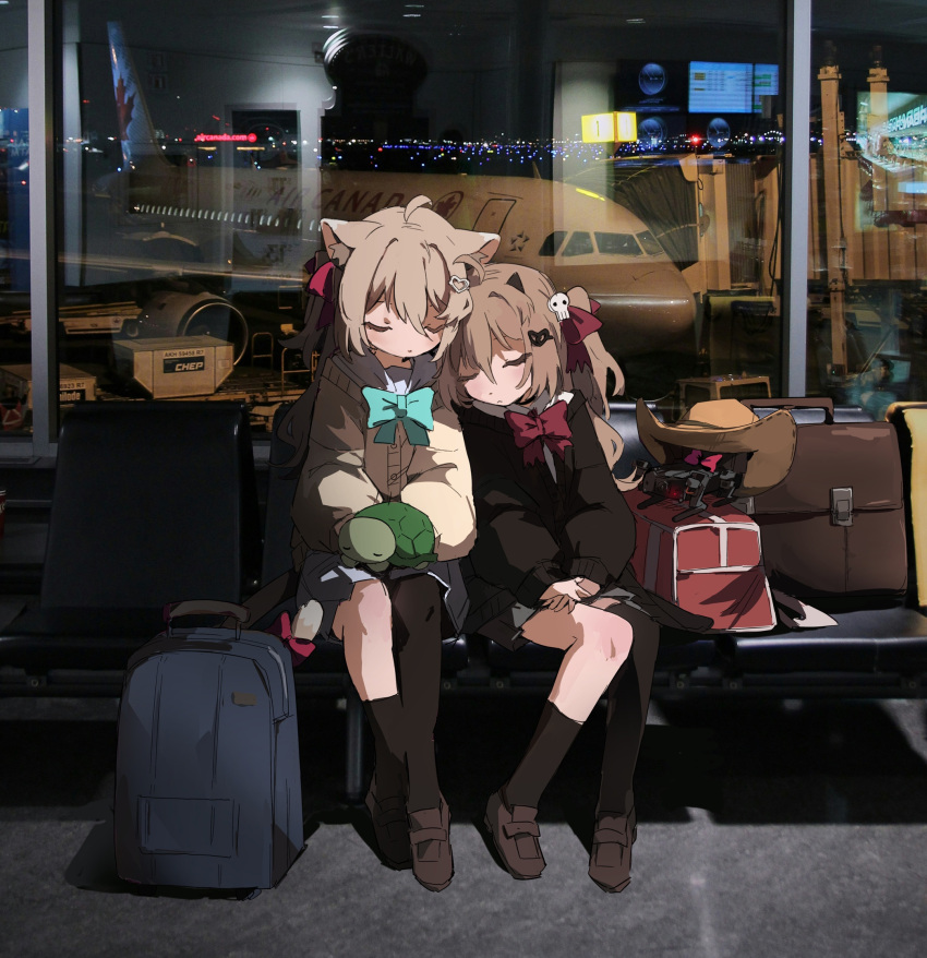 2girls :&lt; ahoge aircraft airplane airport animal_ear_fluff animal_ears animal_on_lap asymmetrical_legwear bag bench black_cardigan black_socks black_thighhighs blonde_hair blue_bag blue_bow blue_bowtie blush bow bowtie brown_footwear cardigan cat_ears closed_eyes closed_mouth commentary commission cowboy_hat demon_horns evil_neuro-sama grey_skirt hair_between_eyes hair_bow hair_ornament hat heart heart_hair_ornament highres horns indie_virtual_youtuber leaning_on_person long_hair long_sleeves multiple_girls neuro-sama non-humanoid_robot on_lap own_hands_together pasharuu photo_background red_bag red_bow red_bowtie reflection robot robot_animal robot_dog russian_commentary siblings single_sock single_thighhigh sisters sitting skirt sleeping socks thighhighs turtle twintails vedal987 window yellow_cardigan