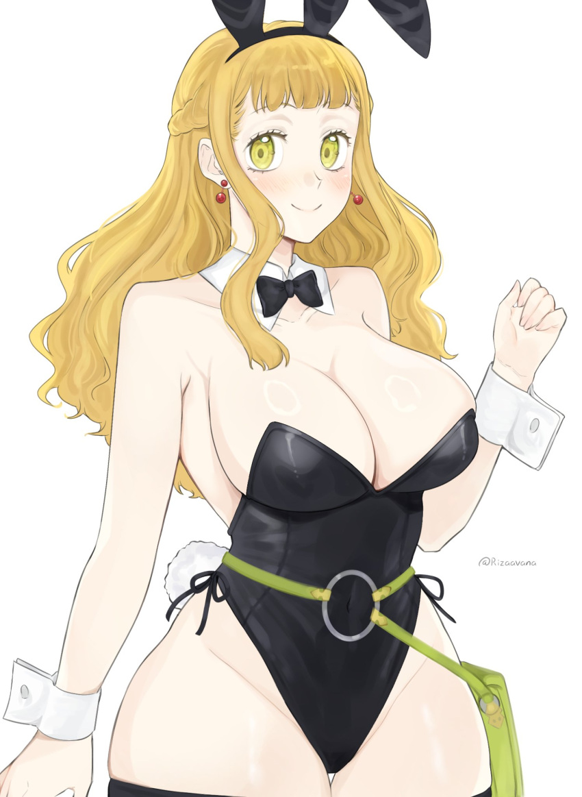 1girl alternate_costume animal_ears black_bow black_bowtie black_clover black_leotard black_thighhighs bow bowtie breasts cleavage covered_navel detached_collar earrings fake_animal_ears fake_tail green_eyes highres jewelry large_breasts leotard light_brown_hair long_hair mimosa_vermillion o-ring playboy_bunny rabbit_ears rabbit_tail rizaavana simple_background smile solo tail thighhighs white_background wrist_cuffs