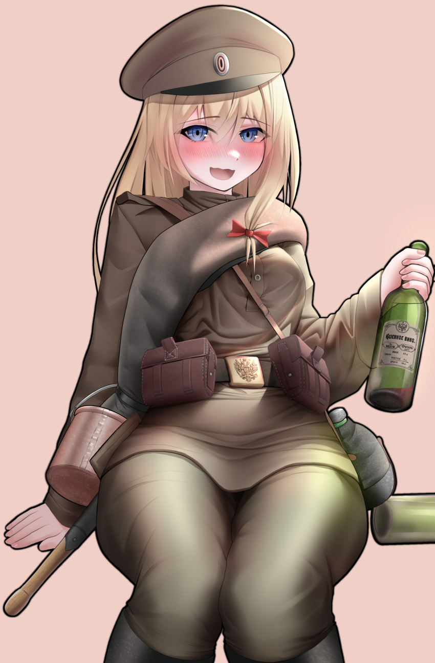 1girl absurdres ammunition_pouch baton_(weapon) belt blanket blonde_hair blue_hair blush boots bottle bow brown_shirt canteen drunk girls'_frontline glass_bottle hair_bow hand_on_chair hat highres holding holding_bottle looking_at_viewer military_hat military_uniform mosin-nagant_(girls'_frontline) neptune_zx pouch red_bow russian_clothes shirt sitting solo uniform wariza weapon