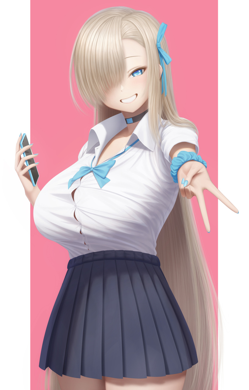 1girl absurdres asuna_(blue_archive) black_skirt blue_archive blue_eyes blue_ribbon blush breasts cellphone choker collared_shirt dress_shirt grin hair_over_one_eye hair_ribbon highres large_breasts light_brown_hair long_hair looking_at_viewer masatoki phone pleated_skirt ribbon scrunchie shirt skirt sleeves_rolled_up smile solo v very_long_hair white_shirt wrist_scrunchie