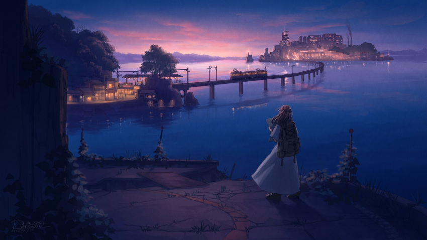 1girl backpack bag blue_sky bridge brown_hair building city cityscape cloud cloudy_sky dress evening from_behind gradient_sky highres horizon island long_hair original outdoors plant pochi_(poti1990) purple_sky revision scenery sky streetcar tree twilight water white_dress