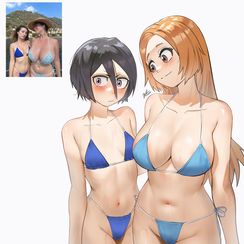 2girls absurdres alternate_costume bikini black_hair bleach breasts brown_eyes hair_between_eyes highres inoue_orihime kuchiki_rukia large_breasts multiple_girls navel orange_hair photo-referenced photo_inset purple_eyes reference_inset simple_background small_breasts swimsuit waligner white_background