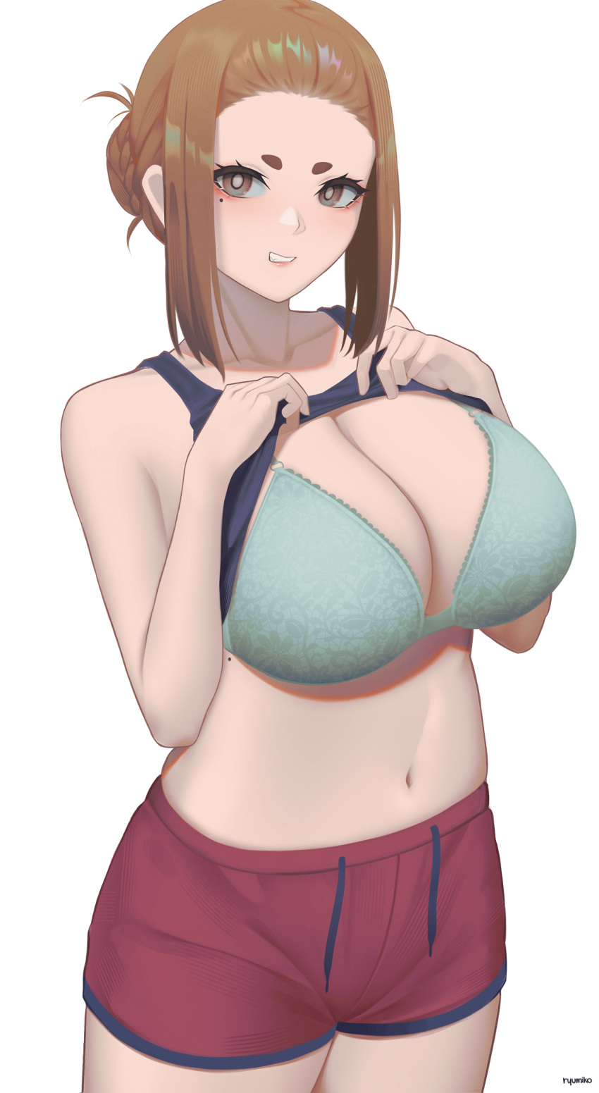 1girl aqua_bra artist_name black_tank_top bra braid breasts brown_hair cleavage clothes_lift collarbone cowboy_shot eyeliner hair_bun hands_on_own_chest highres kaii_to_otome_to_kamigakushi large_breasts lifted_by_self makeup medium_hair mole mole_under_eye navel ogawa_sumireko parted_lips red_eyeliner red_shorts ryumikooo shirt_lift shorts sidelocks simple_background smile solo stomach tank_top thick_eyebrows underwear variant_set white_background