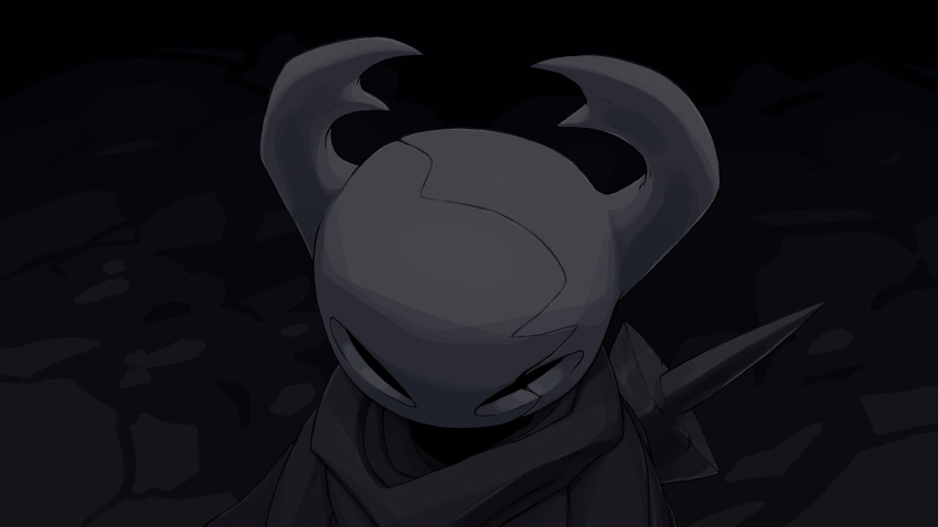 16:9 2024 2_horns arthropod black_eyes cloak clothing cracked cracks digital_media_(artwork) grey_cloak grey_clothing hi_res hollow_knight horn looking_down melee_weapon nail_(weapon) shaded sharpski solo sword sword_on_back team_cherry the_knight_(hollow_knight) weapon widescreen