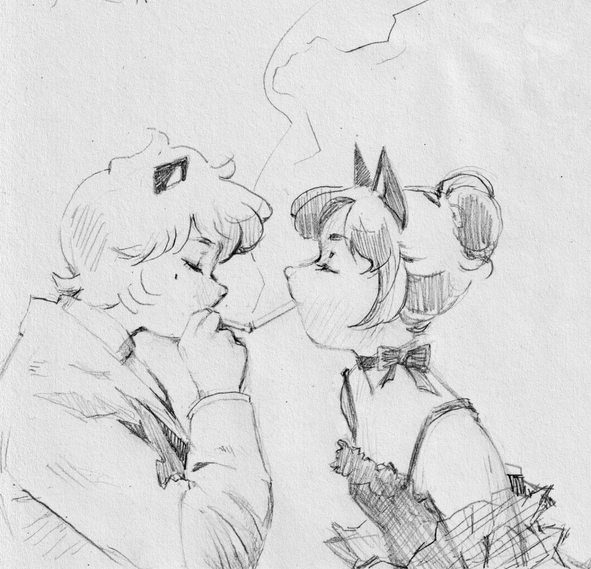 ambiguous_gender anthro canid cigarette clothed clothing duo eyelashes eyes_closed female female/ambiguous frilly graphite_(artwork) hair hair_bun hi_res mammal monochrome neck_bow pencil_(artwork) remy_boydell shirt short_hair simple_background sketch smoke smoking topwear traditional_media_(artwork) white_background