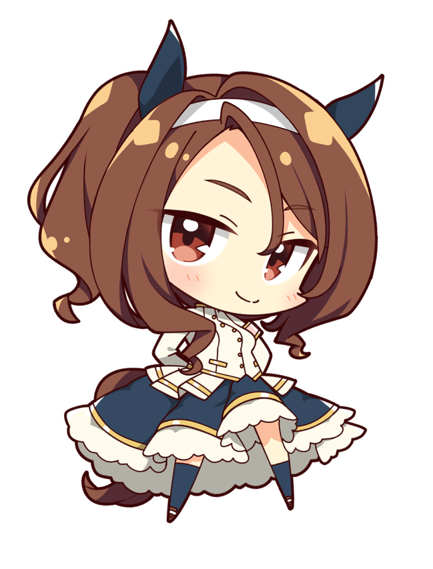 1girl animal_ears brown_eyes brown_hair chibi ear_covers full_body highres horse_ears horse_girl horse_tail king_halo_(noble_white_cheer_attire)_(umamusume) king_halo_(umamusume) long_skirt looking_at_viewer mochimochi_kinako. shirt skirt solo tail umamusume white_shirt