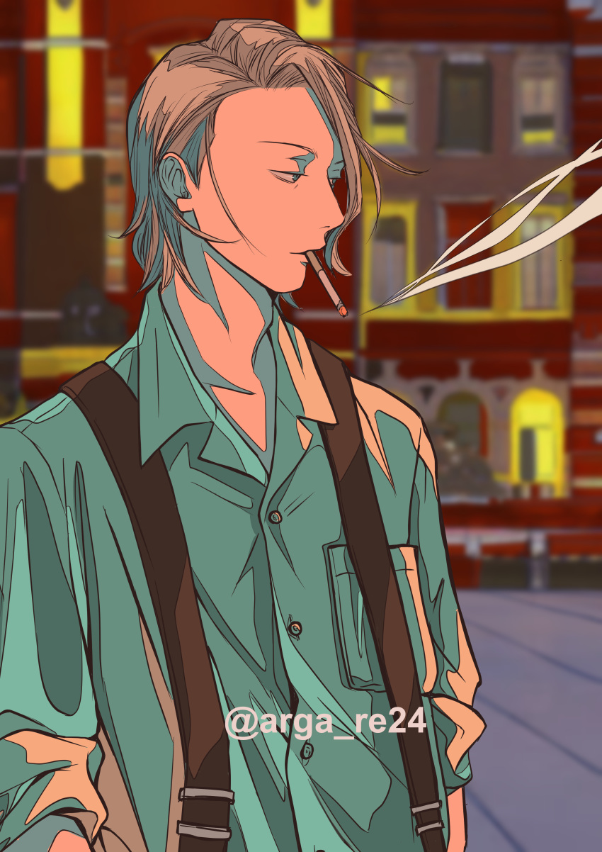 1boy absurdres adam's_apple blurry blurry_background cigarette green_shirt highres kagurabachi male_focus medium_hair outdoors pocket shiba_tougo shirt smoking solo standing suspenders twitter_username upper_body wakattenaiyo_36