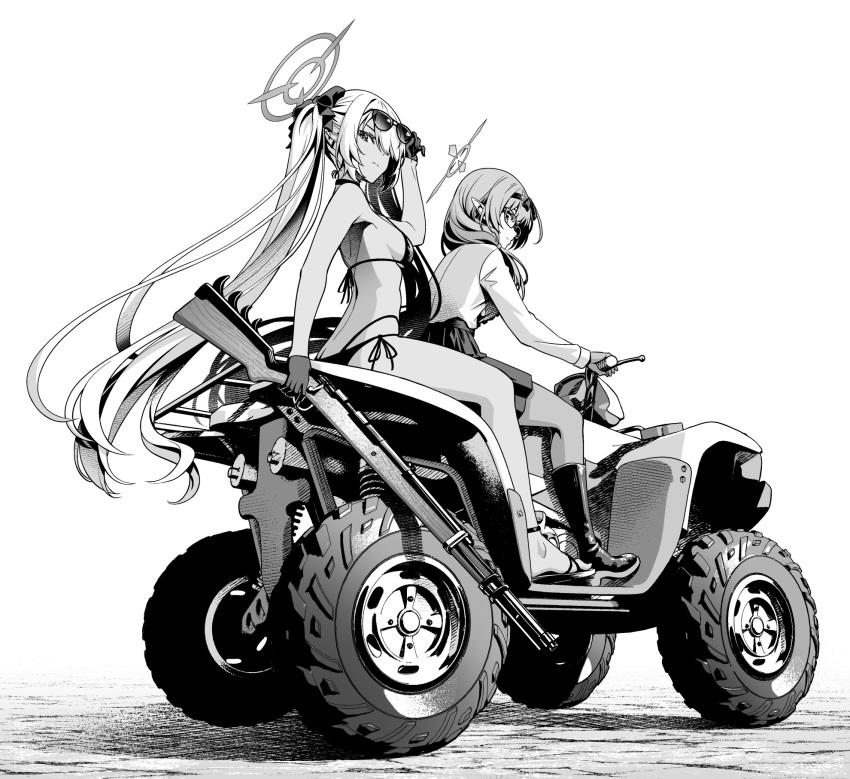 2girls all-terrain_vehicle bikini blue_archive boots breasts chinatsu_(blue_archive) glasses gloves gun highres iori_(blue_archive) iori_(swimsuit)_(blue_archive) long_hair looking_back monochrome motor_vehicle multiple_girls pinakes plaid plaid_skirt pointy_ears rifle sandals sideboob skirt sunglasses swimsuit twintails weapon white_background