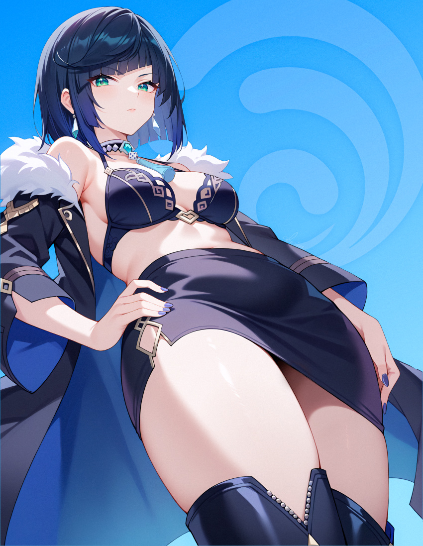 ai-generated asymmetrical_skirt blue_hair bob_cut bra choker diagonal_bangs fur-trimmed_jacket fur_trim genshin_impact heretikka highres jacket jacket_on_shoulders nail_polish short_hair tassel_choker thighhighs underwear yelan_(genshin_impact)