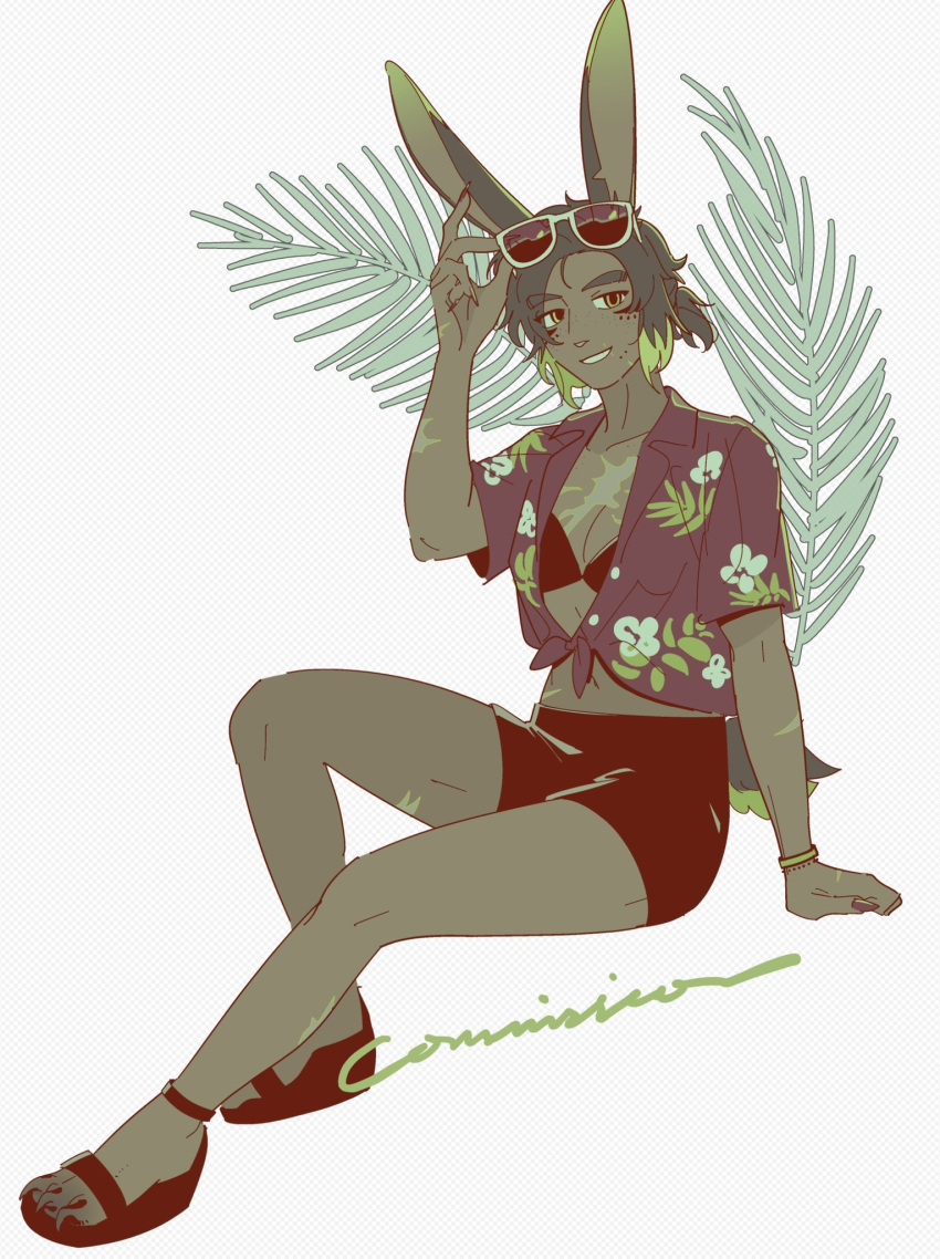 1girl adjusting_eyewear animal_ears animal_feet bracelet brown_shirt claws collared_shirt colored_tips commentary commission dark-skinned_female dark_skin english_text eyewear_on_head fake_transparency final_fantasy final_fantasy_xiv fingernails floral_print freckles full_body green_eyes green_hair grey_hair grin hand_up hawaiian_shirt highres invisible_chair jewelry looking_at_viewer monster_girl multicolored_hair notched_ear palm_leaf platform_footwear rabbit_ears rabbit_girl rabbit_tail robodumpling sandals sharp_fingernails shirt shorts sitting smile sunglasses symbol-only_commentary tail viera warrior_of_light_(ff14)