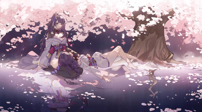 2girls bare_legs blunt_bangs braid cherry_blossoms closed_mouth falling_petals genshin_impact hair_ornament hand_on_own_stomach highres japanese_clothes lap_pillow long_hair looking_down lying makoto_(genshin_impact) multiple_girls night night_sky non-web_source on_back on_ground petals purple_eyes purple_hair raiden_shogun reflection seiza siblings single_braid sisters sitting sky socks source_request star_(sky) sumery tree tree_shade white_socks