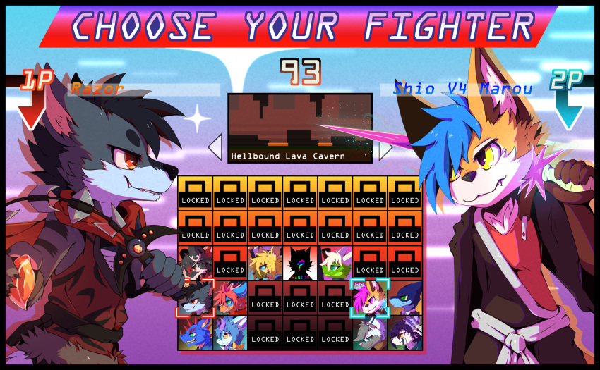 absurd_res anthro black_border black_hair border canid canine chain_sword clothed clothing elemental_creature english_text fighting_game fighting_game_ui fighting_pose firedog firestone fur game_ui gameplay_mechanics grey_body grey_fur hair hi_res invalid_tag luxuria male mammal melee_weapon orange_eyes padded_palms pawpads paws pink_pawpads pose razor_(razim) razor_the_firedog stripes sword tail text weapon