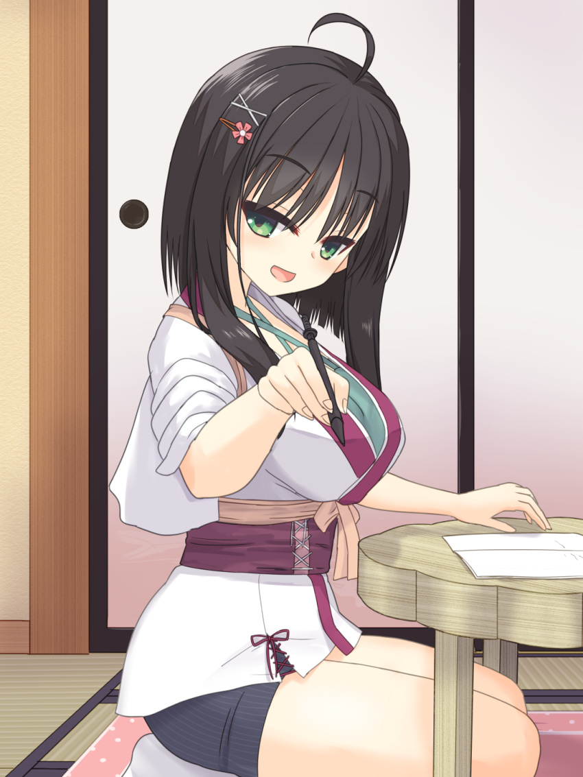 1girl :d ahoge black_hair blush breasts commentary_request criss-cross_halter from_side green_eyes green_shirt hair_ornament hairclip halterneck hand_up happy highres hitachi_mako holding holding_pen indoors japanese_clothes kimono large_breasts long_sleeves looking_at_viewer open_mouth pen pointing pointing_at_viewer seiza senren_banka shirayamakoma shirt short_hair_with_long_locks short_kimono sitting sleeves_rolled_up smile solo straight_hair tsurime white_kimono x_hair_ornament