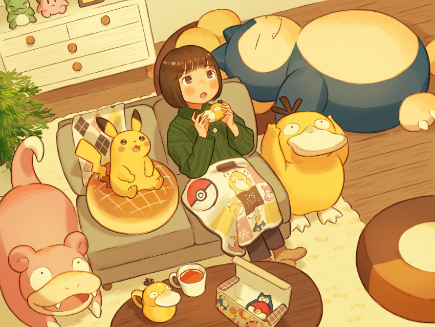 1girl blanket brown_eyes brown_hair closed_eyes coffee_mug coffee_table commentary_request couch cup doughnut drink food green_sweater highres holding indoors long_sleeves lying medium_hair mug on_back on_couch open_mouth pikachu plant pokemon pokemon_(creature) psyduck rug sitting sleeping slowpoke snorlax socks sumika_inagaki sweater table wooden_floor