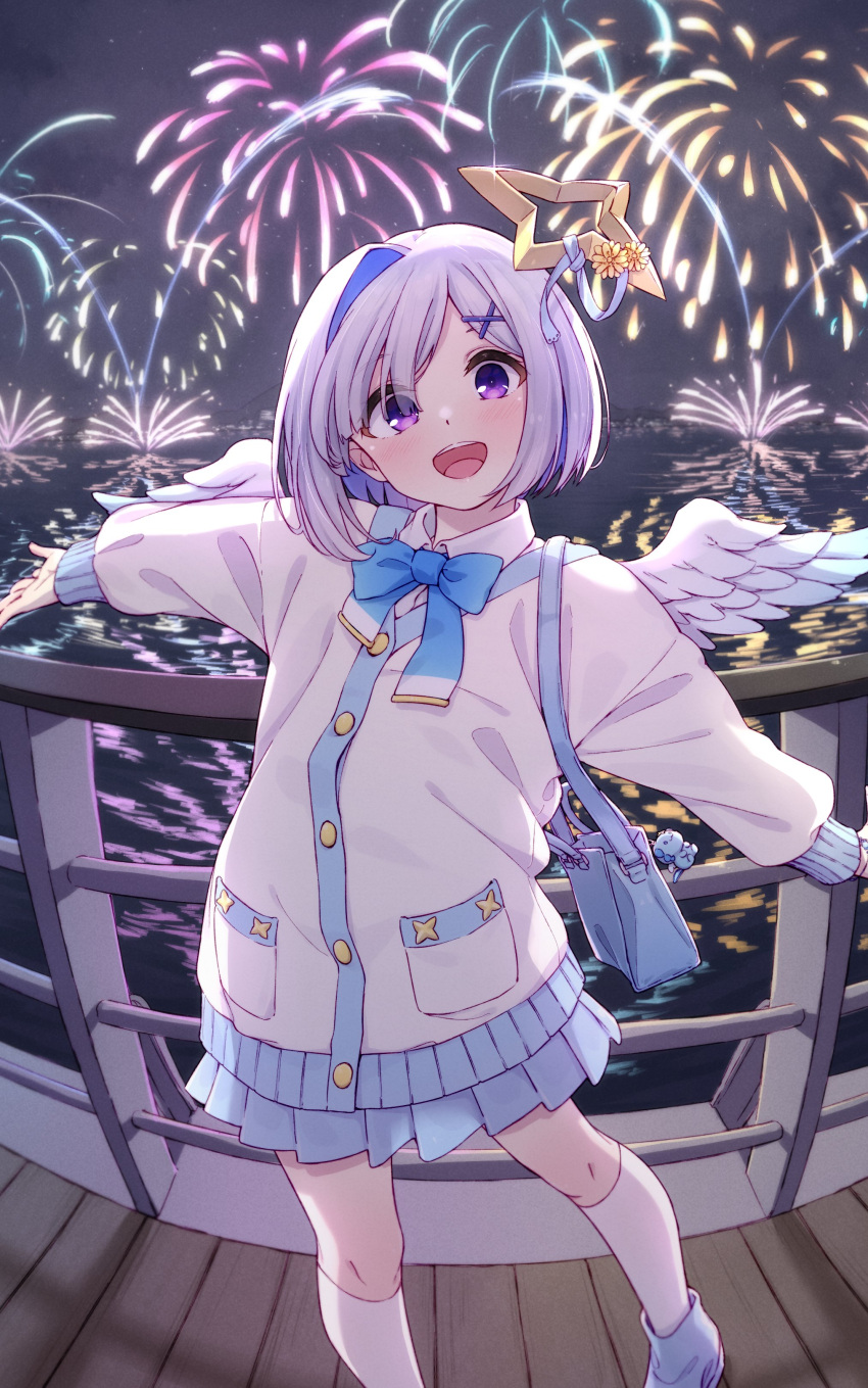 1girl :d absurdres aerial_fireworks alternate_costume amane_kanata angel_wings asymmetrical_bangs asymmetrical_hair bag blue_bag blue_footwear blue_hair blue_ribbon blue_skirt blue_wings bob_cut cardigan collared_shirt colored_inner_hair commentary_request feathered_wings fireworks fisheye gradient_wings grey_hair hair_over_one_eye halo highres hololive kneehighs looking_at_viewer mini_wings miniskirt multicolored_hair multicolored_wings neck_ribbon night outdoors outstretched_arms pleated_skirt purple_eyes railing ribbon school_uniform shirt shoes short_hair shoulder_bag single_hair_intake skirt smile sneakers socks solo spread_arms standing star_halo teeth upao_(amane_kanata) upper_teeth_only v-neck virtual_youtuber white_cardigan white_shirt white_socks white_wings wings yaaben
