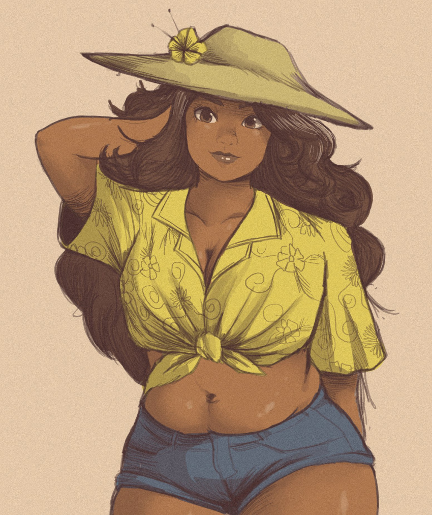 1girl belly black_hair blue_shorts breasts brown_eyes brown_lips cleavage commentary dark-skinned_female dark_skin denim denim_shorts english_commentary floral_print flower front-tie_top hand_in_own_hair hat hat_flower highres large_breasts midriff muffin_top navel original plump shirt short_shorts shorts smile solo souldroids sun_hat thick_thighs thighs underwear yellow_shirt