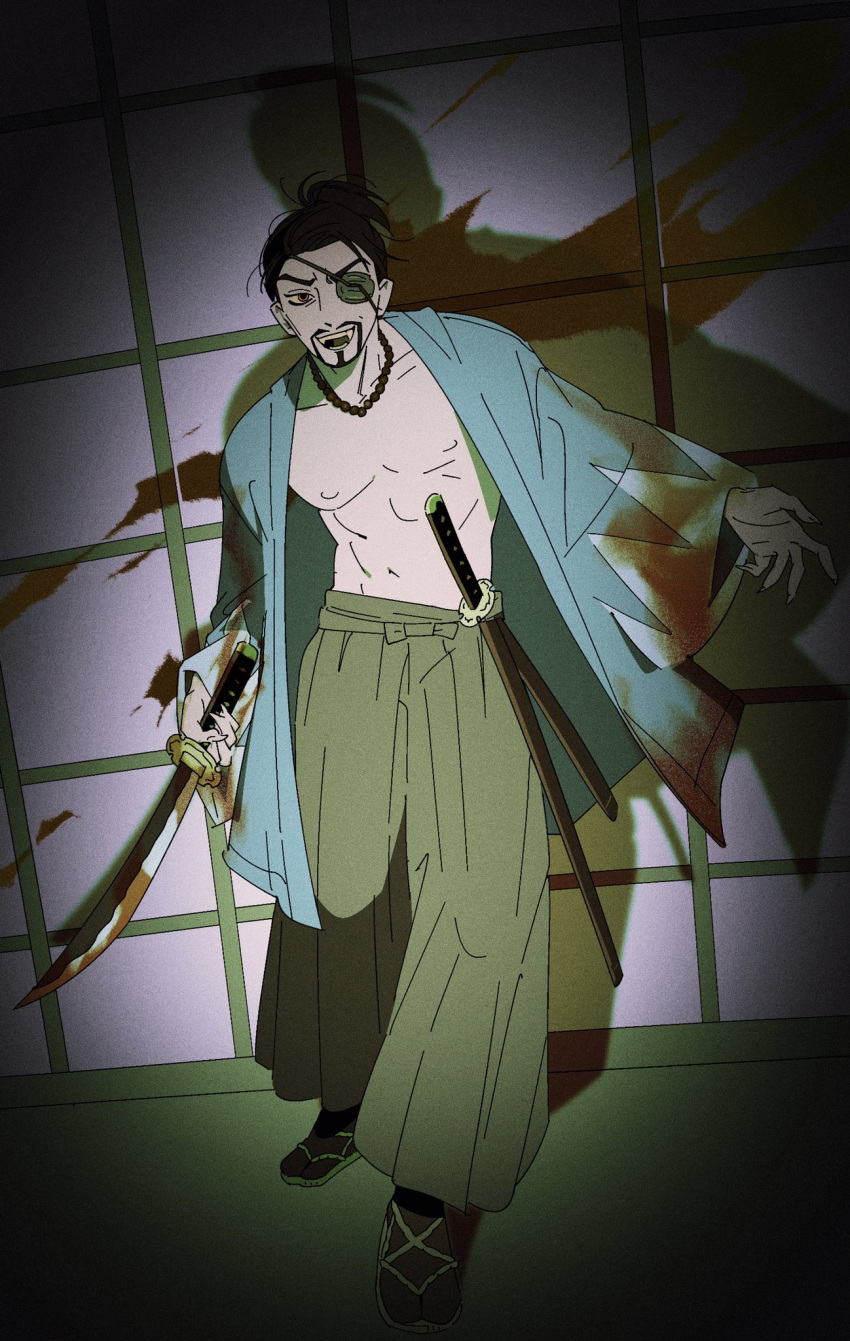 1boy bead_necklace beads beard black_hair blood blood_on_clothes blood_on_wall blood_on_weapon blood_splatter blue_jacket dark_skin eyepatch facial_hair fangs full_body green_pants hakama hakama_pants haori highres holding holding_sword holding_weapon indoors jacket japanese_clothes jewelry katana long_sleeves looking_at_viewer majima_goro male_focus necklace no_shirt open_mouth orange_eyes pants robodumpling ryuu_ga_gotoku_(series) sandals shadow sheath sheathed short_ponytail solo spotlight standing sword toned toned_male weapon wide_sleeves