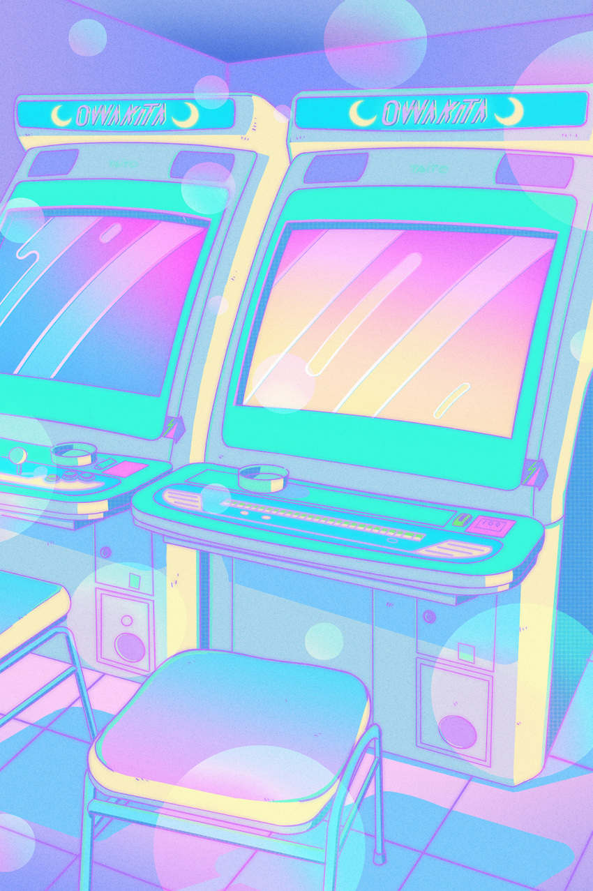 arcade arcade_cabinet astro_city controller game_console highres indoors no_humans original owakita pastel_colors stool tile_floor tiles twitter_username video_game