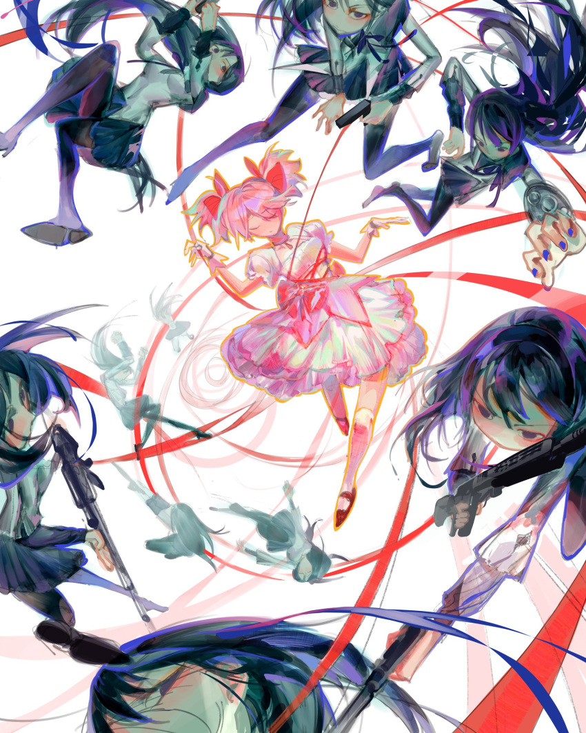 6+girls akemi_homura black_hair black_pantyhose bow closed_eyes dress_bow gloves gun highres holding holding_gun holding_weapon juliet_sleeves kaname_madoka kneehighs long_hair long_sleeves magical_girl mahou_shoujo_madoka_magica mahou_shoujo_madoka_magica_(anime) multiple_girls pantyhose pink_hair puffy_sleeves red_bow red_ribbon ribbon seekieee short_twintails socks twintails weapon white_gloves white_socks