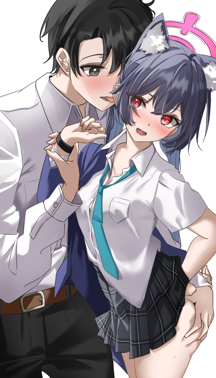 1boy 1girl absurdres animal_ear_fluff animal_ears ass_grab black_bra black_hair blue_archive blue_necktie blush bra bra_peek breasts business_casual cat_ears extra_ears fang halo highres holding_another's_wrist jacket jacket_partially_removed licking licking_ear long_hair looking_at_another medium_breasts necktie pink_halo red_eyes sensei_(blue_archive) sensei_(blue_archive_the_animation) serika_(blue_archive) shirt standing sweat twintails underwear vayneeeee white_background white_shirt