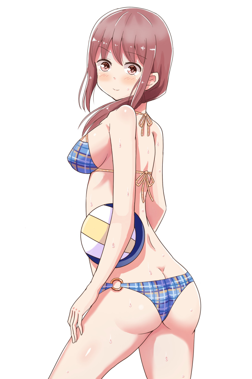 absurdres ass beach_volleyball bikini blue_swimsuit blush breasts brown_eyes brown_hair butt_crack cleavage covered_nipples eyebrows_visible_through_hair feet_out_of_frame from_behind hair_over_shoulder harukana_receive highres kiseeng long_hair looking_at_viewer low_ponytail medium_breasts o-ring o-ring_bikini o-ring_bottom oozora_haruka_(harukana_receive) shiny shiny_skin sideboob simple_background smile solo swimsuit volleyball wet white_background