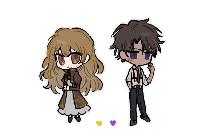 1boy 1girl ascot blush_stickers brown_dress brown_eyes brown_hair catherine_(project_moon) chibi commentary curly_hair dark-skinned_male dark_skin dress frilled_dress frilled_sleeves frills full_body hand_in_pocket heart heathcliff_(project_moon) highres limbus_company long_hair necktie orange_hair own_hands_together parted_lips project_moon purple_eyes red_necktie scar scar_on_arm scratching_cheek short_hair slugrab smile symbol-only_commentary white_background