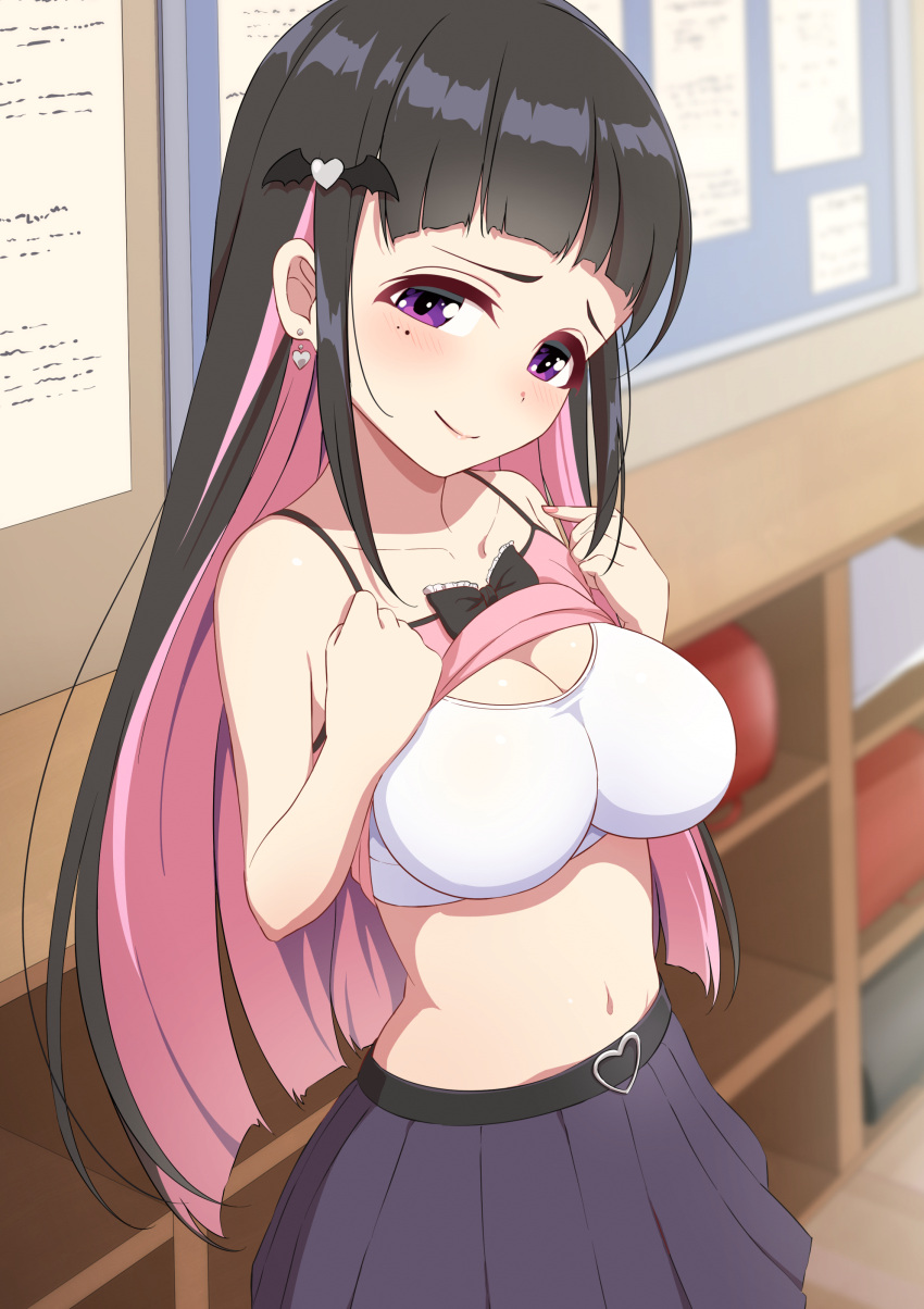 1girl absurdres bare_arms belt black_hair black_skirt blunt_bangs blunt_ends blurry blurry_background bra breasts bulletin_board camisole classroom cleavage closed_mouth collarbone commentary_request earrings heart_belt highres hime_cut indoors jewelry looking_at_viewer medium_breasts multicolored_hair original pink_camisole pink_hair pleated_skirt purple_eyes sakamata_(sakamata4) skirt smile solo standing two-tone_hair underwear white_bra