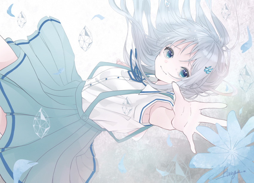 1girl aqua_skirt artist_name blue_eyes blue_flower blue_hair blue_ribbon blue_theme closed_mouth collared_shirt commentary_request crying crying_with_eyes_open dot_nose dress_shirt falling floating_hair flower grey_hair hair_ornament hairpin highres houga_1710_sps kakurenbocchi legs_up light_blue_hair long_hair looking_at_viewer neck_ribbon outstretched_arms pleated_skirt reaching reaching_towards_viewer ribbon sad shirt short_sleeves signature skirt suspender_skirt suspenders tears tuyu_(band) water_drop_hair_ornament white_background white_shirt