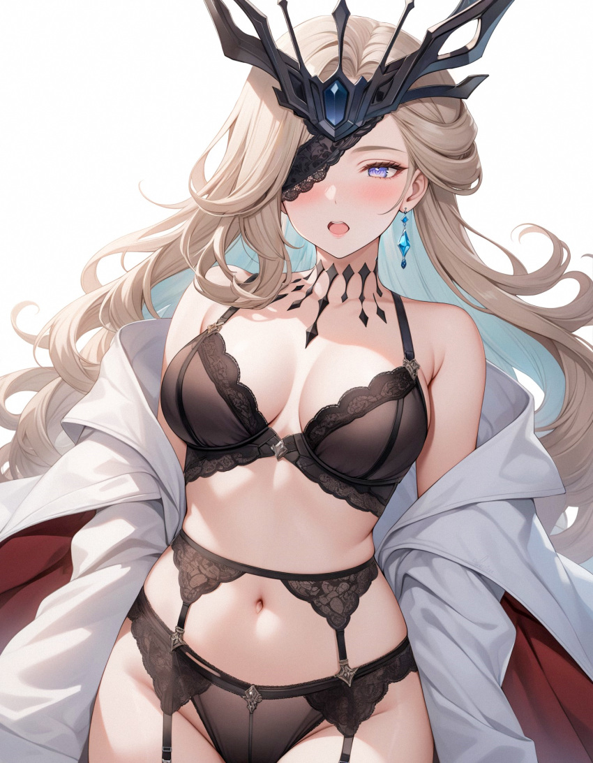 ai-generated dangle_earrings earrings genshin_impact half_mask heretikka highres jewelry lace lace-trimmed_eyepatch lingerie mask mask_over_one_eye one_eye_covered signora_(genshin_impact) underwear