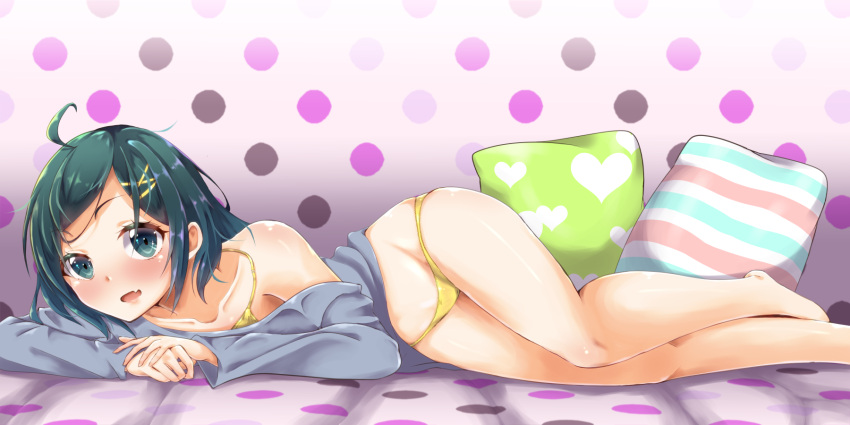 1girl ahoge bed_sheet blue_shirt blush bra bra_peek collarbone fang feet_out_of_frame green_eyes green_hair hair_ornament highres hikigaya_komachi legs looking_at_viewer lying on_side open_mouth oversized_clothes oversized_shirt panties pillow sarujie_(broken_monky) shirt short_hair single_bare_shoulder skin_fang solo t-shirt thighs underwear x_hair_ornament yahari_ore_no_seishun_lovecome_wa_machigatteiru. yellow_bra yellow_panties