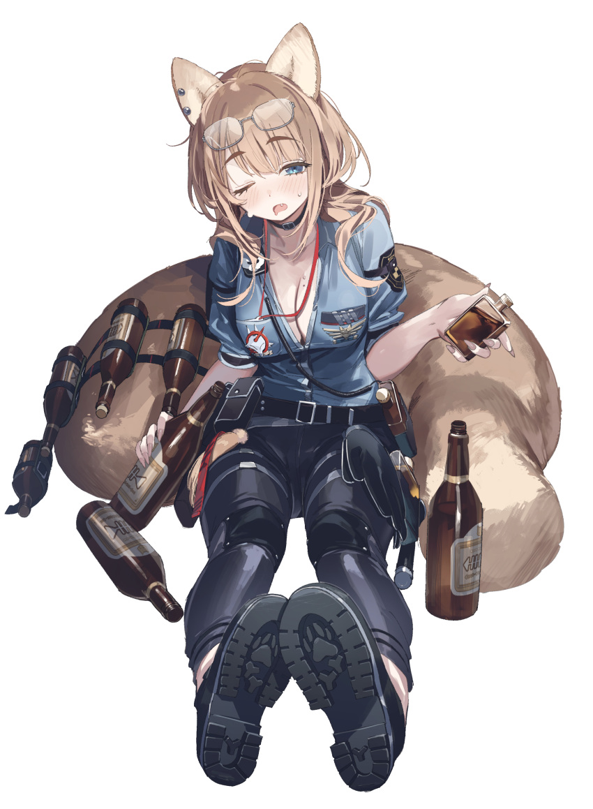 1girl absurdres alcohol animal_ears badge bandolier beer_bottle belt belt_pouch black_choker black_footwear black_gloves black_pants blonde_hair blue_eyes blue_shirt breasts choker cleavage drunk earrings eyewear_on_head fang fang_out flask full_body glass_bottle gloves highres holding holding_flask id_card jewelry kaerunoko lanyard large_breasts long_hair looking_at_viewer messy_hair military_rank_insignia mole mole_on_breast one_eye_closed original pants parted_bangs partially_unbuttoned pouch saliva shirt shoe_soles simple_background sitting solo straight-on stud_earrings unworn_gloves walkie-talkie white_background