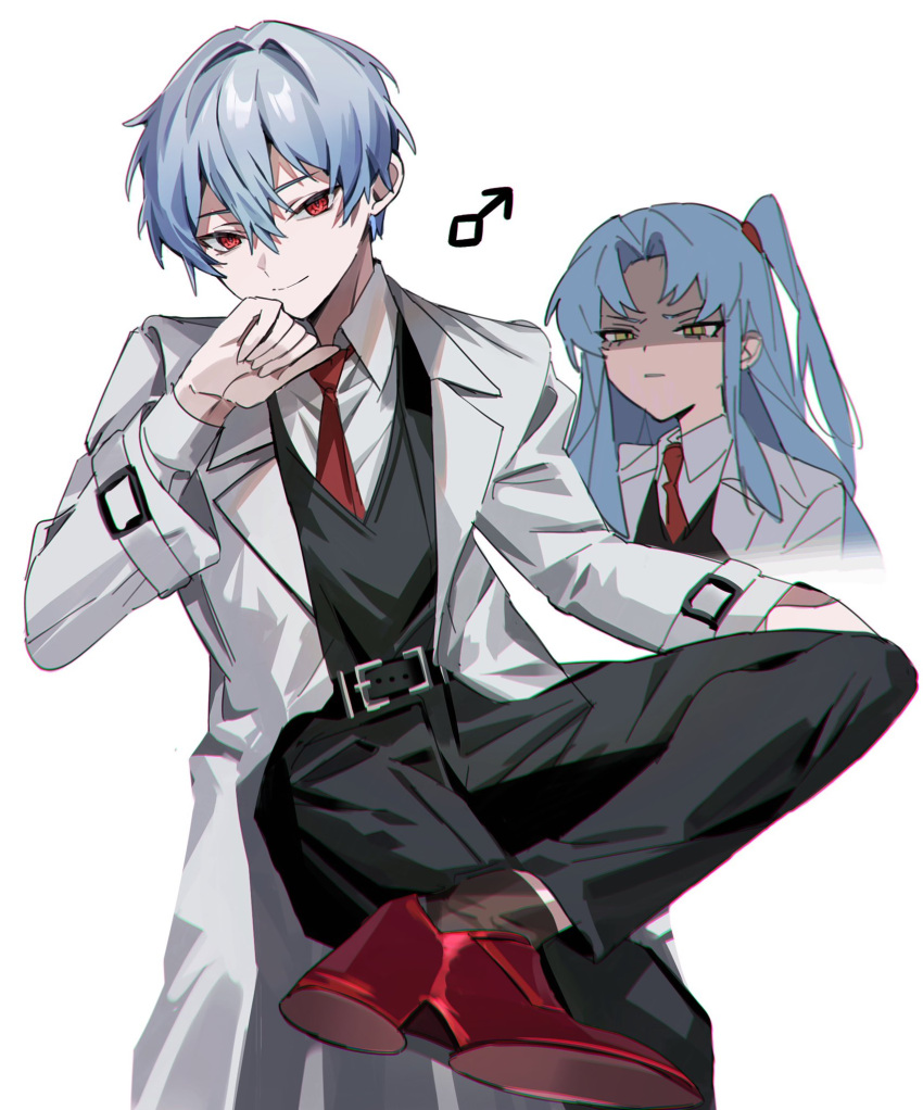 1boy 1girl angela_(project_moon) black_pants black_vest blue_hair closed_mouth coat collared_shirt genderswap genderswap_(ftm) high_heels highres lab_coat lobotomy_corporation long_hair looking_at_viewer mu46016419 necktie one_side_up pants parted_bangs project_moon red_eyes red_footwear red_necktie shirt shoes sidelocks simple_background sitting very_long_hair vest white_background white_coat white_shirt