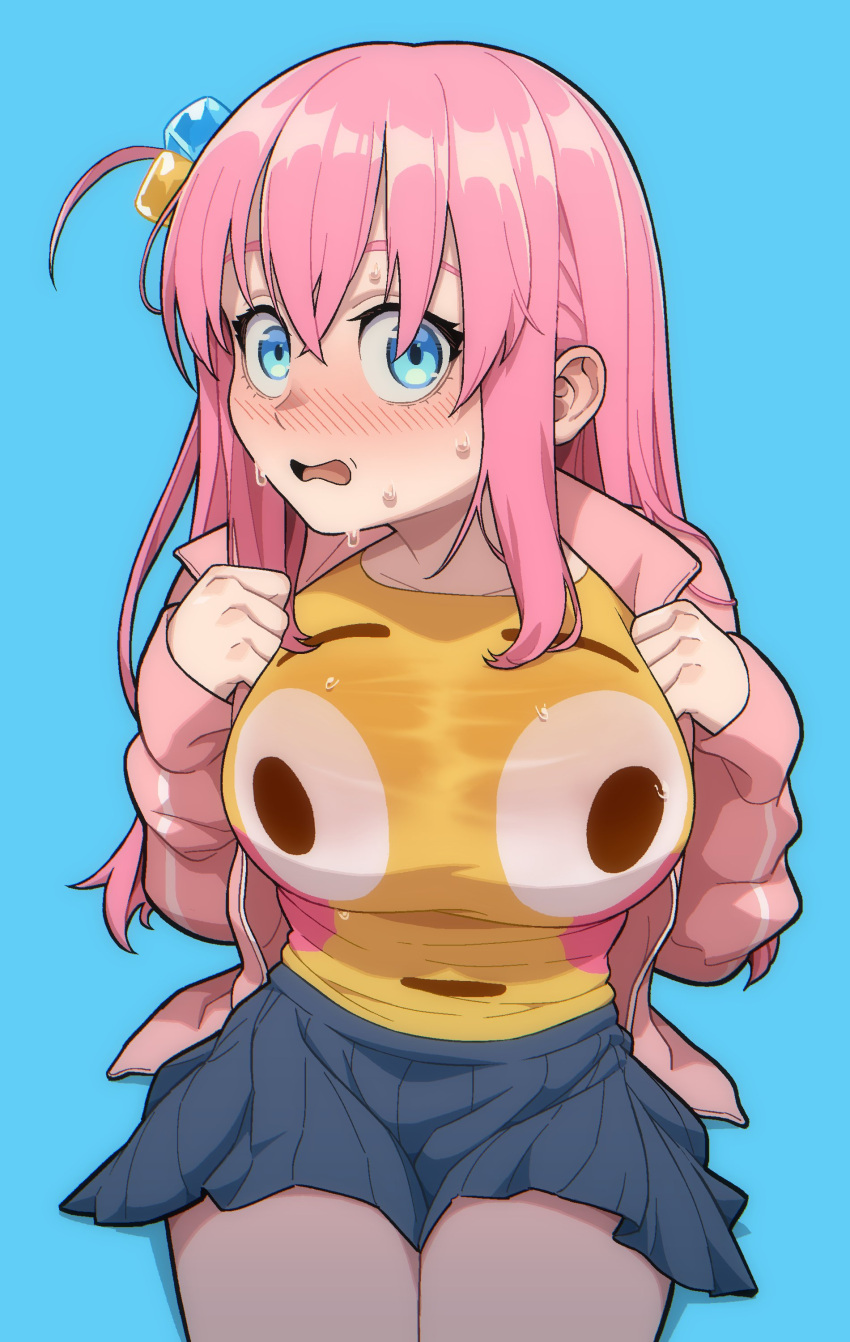 1girl absurdres blue_background blue_eyes blush bocchi_the_rock! breasts commentary constricted_pupils cowboy_shot cube_hair_ornament embarrassed english_commentary feet_out_of_frame flushed_face_emoji flushed_face_emoji_shirt_(meme) gotoh_hitori hair_between_eyes hair_ornament highres jacket large_breasts leaning_forward looking_at_viewer meme nervous_sweating nose_blush open_clothes open_jacket open_mouth pink_hair pink_jacket pleated_skirt scared shirt skirt solo sweat thighs turoboto wide-eyed yellow_shirt