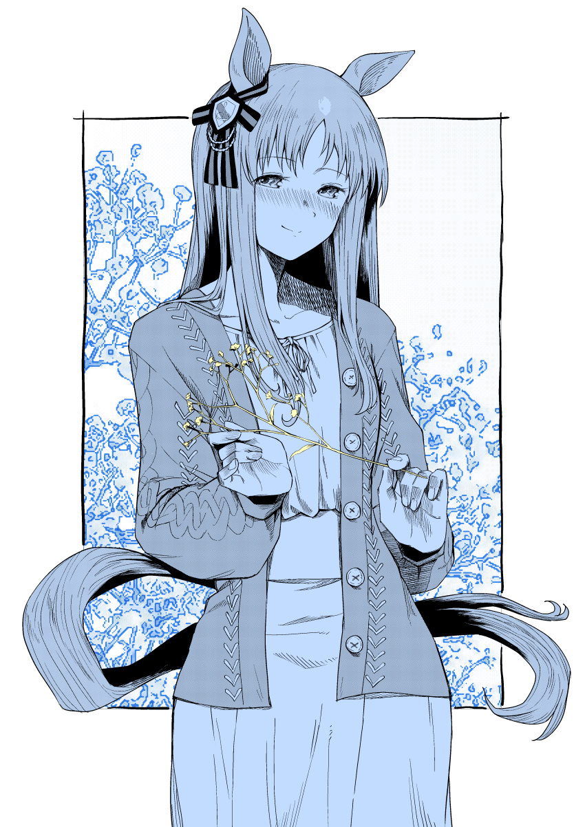 1girl absurdres animal_ears blush bow closed_mouth collarbone cowboy_shot flower grass_wonder_(umamusume) hair_between_eyes hair_ribbon highres holding horse_ears horse_girl horse_tail long_hair long_sleeves looking_at_viewer maharu66 monochrome open_clothes ribbon shirt simple_background smile solo standing tail umamusume very_long_hair