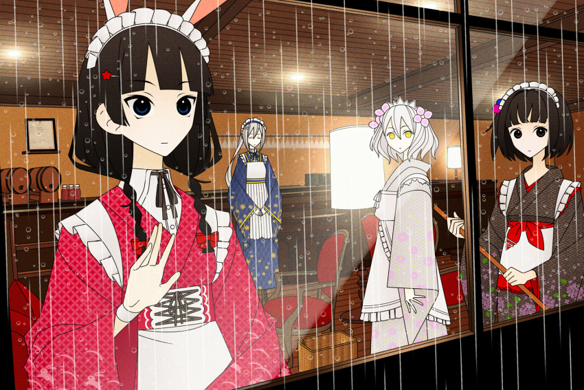 4girls amemori_sayo apron black_hair blue_eyes blue_kimono braid broom brown_eyes chair closed_eyes closed_mouth commentary_request counter expressionless floral_print_kimono flower from_outside grey_kimono hair_bobbles hair_flower hair_ornament hair_over_shoulder hairclip hand_on_window higuchi_kaede hinoyama_ena holding holding_broom japanese_clothes kimono kudou_chitose kumeta_kouji_(style) lamp long_hair long_sleeves looking_at_viewer looking_outside low_twin_braids maid maid_apron maid_headdress multiple_girls nijisanji one_side_up own_hands_together pink_flower ponytail print_kimono rain restaurant sayagata sayonara_zetsubou_sensei shippou_(pattern) short_hair tsukino_mito twin_braids two-handed unmoving_pattern v_arms virtual_youtuber wa_maid water_drop white_hair yagasuri yellow_eyes