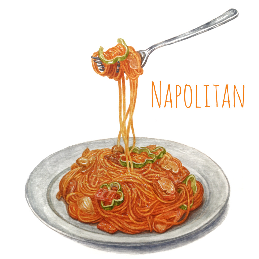 absurdres food food_focus food_name fork highres kanou_(pixiv_37964562) napolitan no_humans original painting_(medium) pasta plate simple_background traditional_media vegetable watercolor_(medium) white_background