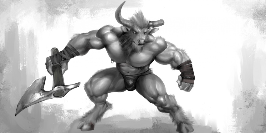 anthro axe biceps bovid bovine broken_horn dagantfus_(artist) european_mythology greek_mythology hi_res horn male mammal minotaur muscular muscular_anthro muscular_male mythology nipple_piercing nipples pecs piercing solo