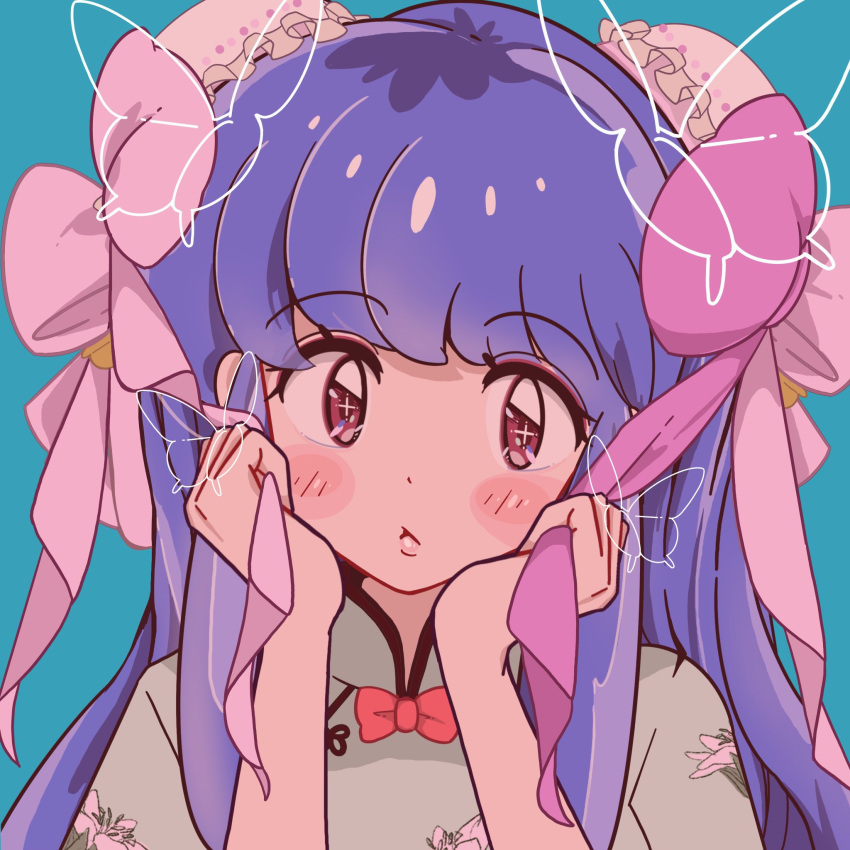 1girl blue_background bow bowtie bun_cover commentary double_bun hair_bun hands_on_own_cheeks hands_on_own_face highres long_hair looking_at_viewer nibo_ume_katsu purple_hair ranma_1/2 red_bow red_bowtie red_eyes shampoo_(ranma_1/2) sidelocks solo straight-on upper_body