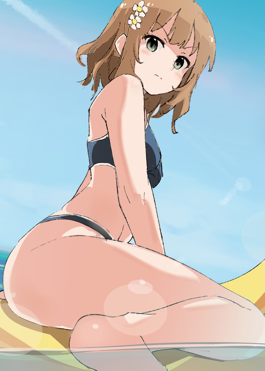 1girl absurdres banana_boat barefoot bikini black_bikini blush breasts brown_hair closed_mouth commentary_request day feet_out_of_frame flower frown green_eyes hair_flower hair_ornament highres idolmaster idolmaster_million_live! lens_flare light_brown_hair outdoors partially_underwater_shot rauto riding short_hair sitting sky small_breasts solo suou_momoko swimsuit thighs v-shaped_eyebrows water