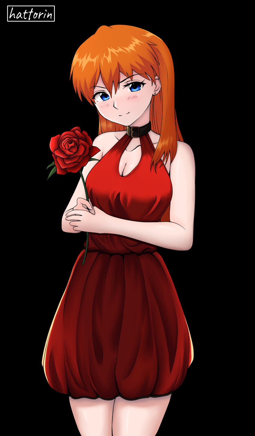 1girl absurdres artist_name bare_shoulders blue_eyes blush breasts closed_mouth dark_background dress flower hattorin highres holding holding_flower long_hair looking_at_viewer neon_genesis_evangelion orange_hair red_dress simple_background smile solo souryuu_asuka_langley standing