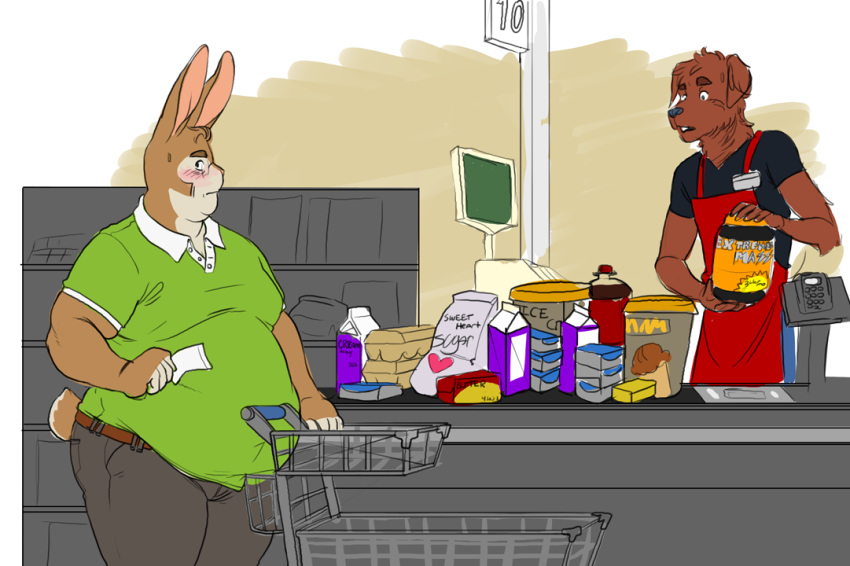 2015 anthro beverage biped blush bodily_fluids brown_body brown_fur canid canine canis clothed clothing domestic_dog duo embarrassed fur green_clothing green_shirt green_topwear lagomorph leporid looking_away male mammal mika_(mikalapine) mikalapine overweight overweight_anthro overweight_male polo_shirt rabbit shirt shopping_cart short_tail soda store sweat sweatdrop tail tan_body tan_fur topwear