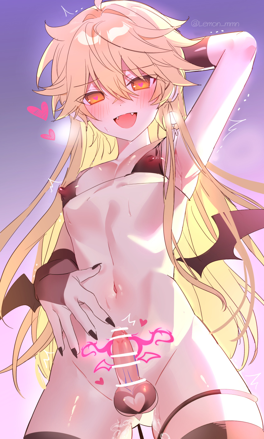 1boy absurdres aether_(genshin_impact) ahoge armpits ass_visible_through_thighs bikini bikini_top_only black_nails black_wings blonde_hair blush braid brown_gloves brown_thighhighs covered_nipples demon_wings earrings erection fangs fingerless_gloves genshin_impact gloves hair_between_eyes heart heart-shaped_pupils highres jewelry lemon_(dlraud1123) long_hair male_focus micro_bikini navel nipples open_mouth otoko_no_ko penis pubic_tattoo smile solo stomach swimsuit symbol-shaped_pupils tattoo testicles thighhighs wings yellow_eyes