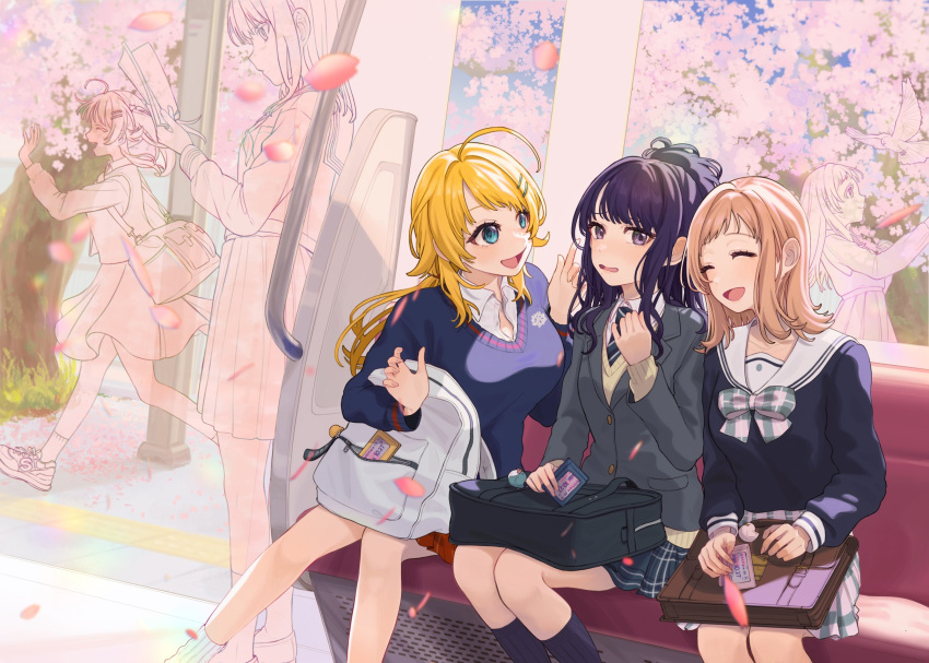 3girls :d ahoge averting_eyes backpack bag bag_charm bag_on_lap bird black_bag black_socks blazer blonde_hair blue_eyes blue_skirt blue_sweater blush book bow bowtie breasts brown_bag brown_sweater charm_(object) cherry_blossoms closed_eyes collarbone collared_shirt commentary_request day dot_nose dual_persona falling_petals feet_out_of_frame furrowed_brow grey_jacket grey_necktie hachimiya_meguru hair_ornament hair_over_shoulder hair_tie hairclip hand_up hands_up high_ponytail highres holding holding_book id_card idolmaster idolmaster_shiny_colors illumination_stars_(idolmaster) indoors jacket kazano_hiori knees large_breasts light_brown_hair long_hair long_sleeves looking_at_another looking_down medium_breasts medium_hair miniskirt mole mole_under_mouth multiple_girls neckerchief necktie open_collar open_mouth petals pink_bow pink_bowtie pink_skirt plaid plaid_bow plaid_bowtie plaid_necktie plaid_skirt pleated_skirt purple_eyes purple_hair raised_eyebrows reading red_skirt running sailor_collar sakuragi_mano school_bag school_uniform serafuku shirt shoes shoulder_bag sidelocks sitting skirt small_breasts smile sneakers socks sweater swept_bangs tactile_paving tanupon thick_eyelashes train_interior transparent v-shaped_eyebrows wavy_mouth white_bag white_sailor_collar white_shirt white_socks