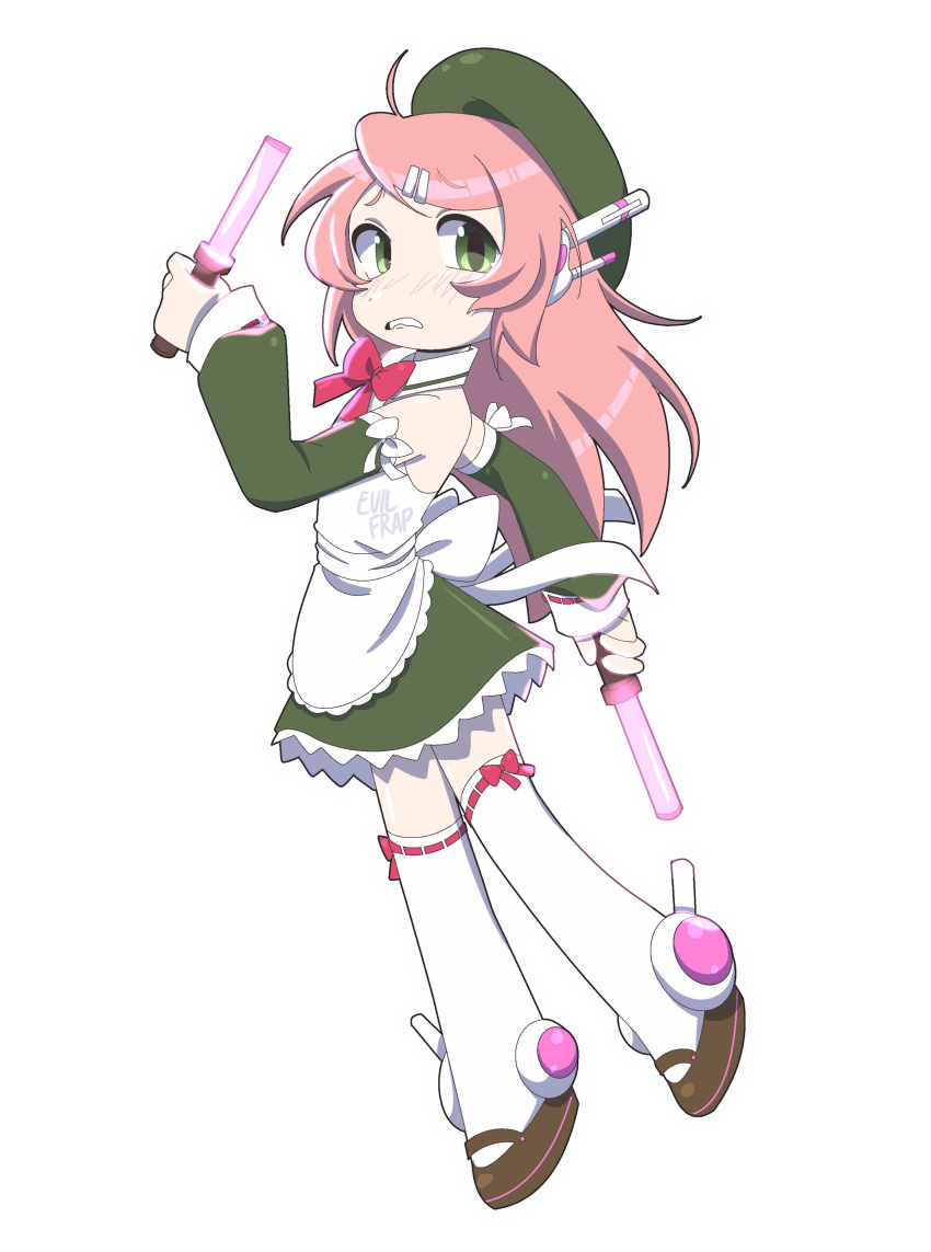 1girl absurdres apron back_bow beret blush bow bowtie clenched_teeth collared_dress commentary detached_sleeves dress english_commentary evilfrap full_body glowstick green_eyes hair_ornament hairclip hat highres long_hair long_sleeves maid mary_janes momone_momo nose_blush pink_hair robot_ears shoes sleeveless sleeveless_dress solo teeth thighhighs utau very_long_hair