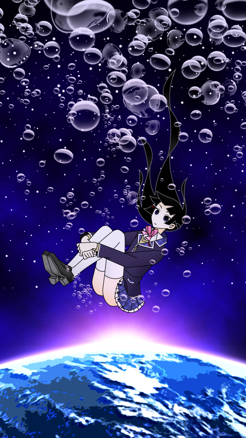 1girl absurdres air_bubble black_eyes black_footwear black_hair black_jacket blazer blue_skirt bow bowtie bubble closed_mouth collared_shirt earth_(planet) expressionless full_body hair_floating_upwards hair_ornament hairclip highres hime_cut hinoyama_ena hugging_own_legs jacket knees_up kumeta_kouji_(style) lapels long_hair long_sleeves miniskirt nijisanji no_pupils parody pink_bow pink_bowtie planet pleated_skirt school_uniform shirt shoes sinking skirt sky solo space star_(sky) starry_sky style_parody sun sunrise thighhighs tsukino_mito tsukino_mito_(1st_costume) virtual_youtuber white_thighhighs