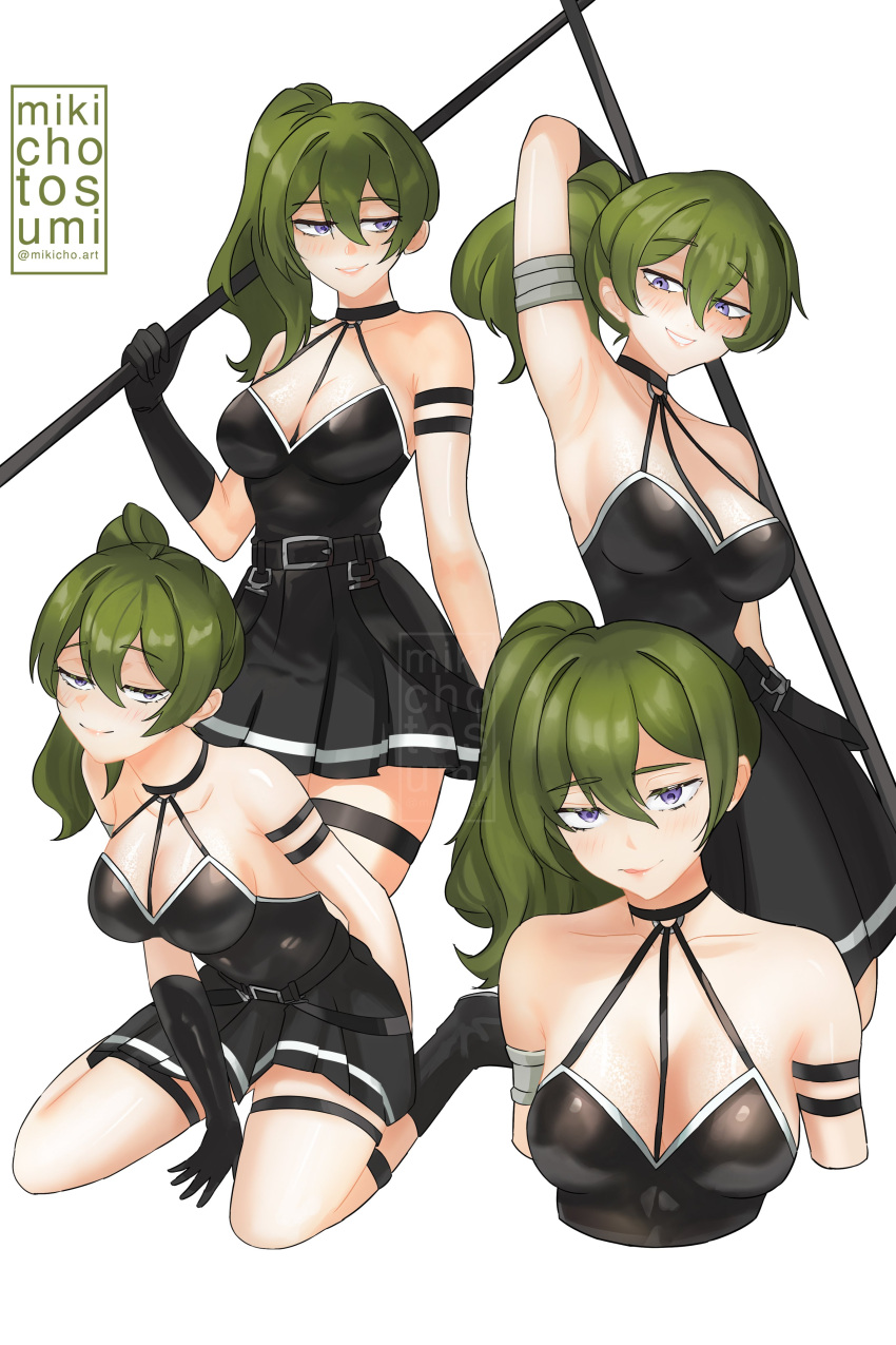 1girl absurdres arm_strap arm_up armpits bare_shoulders black_choker black_dress black_gloves breasts choker commentary cropped_torso dress gloves green_hair grin halter_dress halterneck highres long_hair looking_at_viewer medium_breasts mikicho multiple_views purple_eyes seiza side_ponytail simple_background sitting sleeveless sleeveless_dress smile sousou_no_frieren thigh_strap ubel_(sousou_no_frieren) upper_body white_background